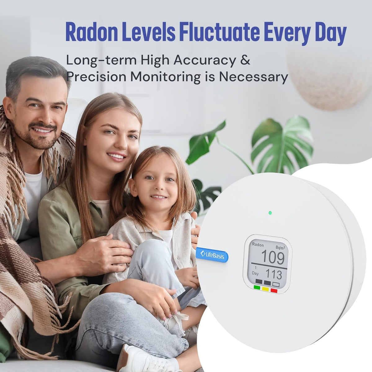 Life Basis Radon Detector for Home, Portable Radon Tester with Ink Screen Short & Long Term Radon Monitoring No Lab Fees Battery Operated, Canadian Version Bq/m3 & pCi/L Selectable, White - PuriLite