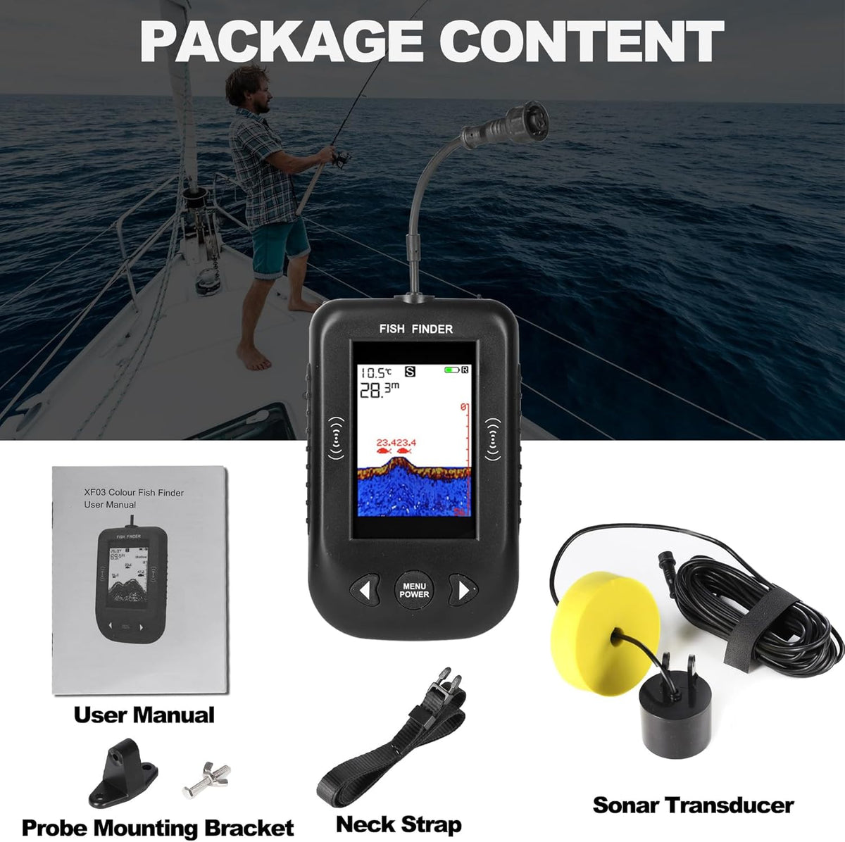 Portable Fish Finder, Water Handheld Fish Depth Finder Sonar Kayak Boat Fishfinder Transducer Fishing LCD Display - PuriLite
