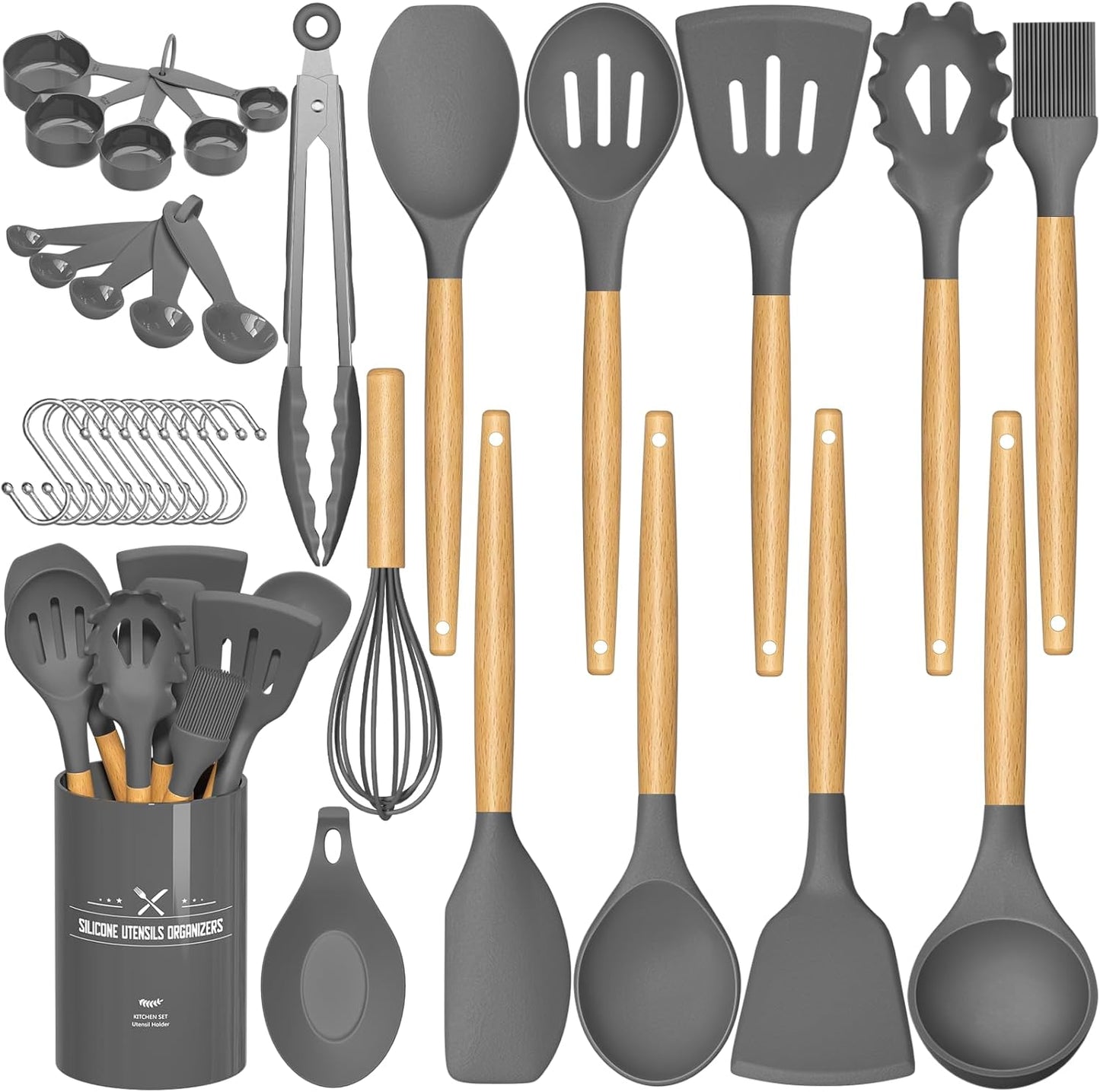 Umite Chef Kitchen Cooking Utensils Set, 33 pcs Non-Stick Silicone Cooking Kitchen Utensils Spatula Set with Holder, Wooden Handle Silicone Kitchen Gadgets Utensil Set (Khaki) - PuriLite