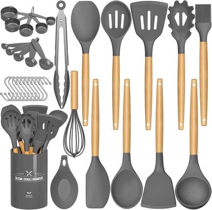 Umite Chef Kitchen Cooking Utensils Set, 33 pcs Non-Stick Silicone Cooking Kitchen Utensils Spatula Set with Holder, Wooden Handle Silicone Kitchen Gadgets Utensil Set (Khaki) - PuriLite