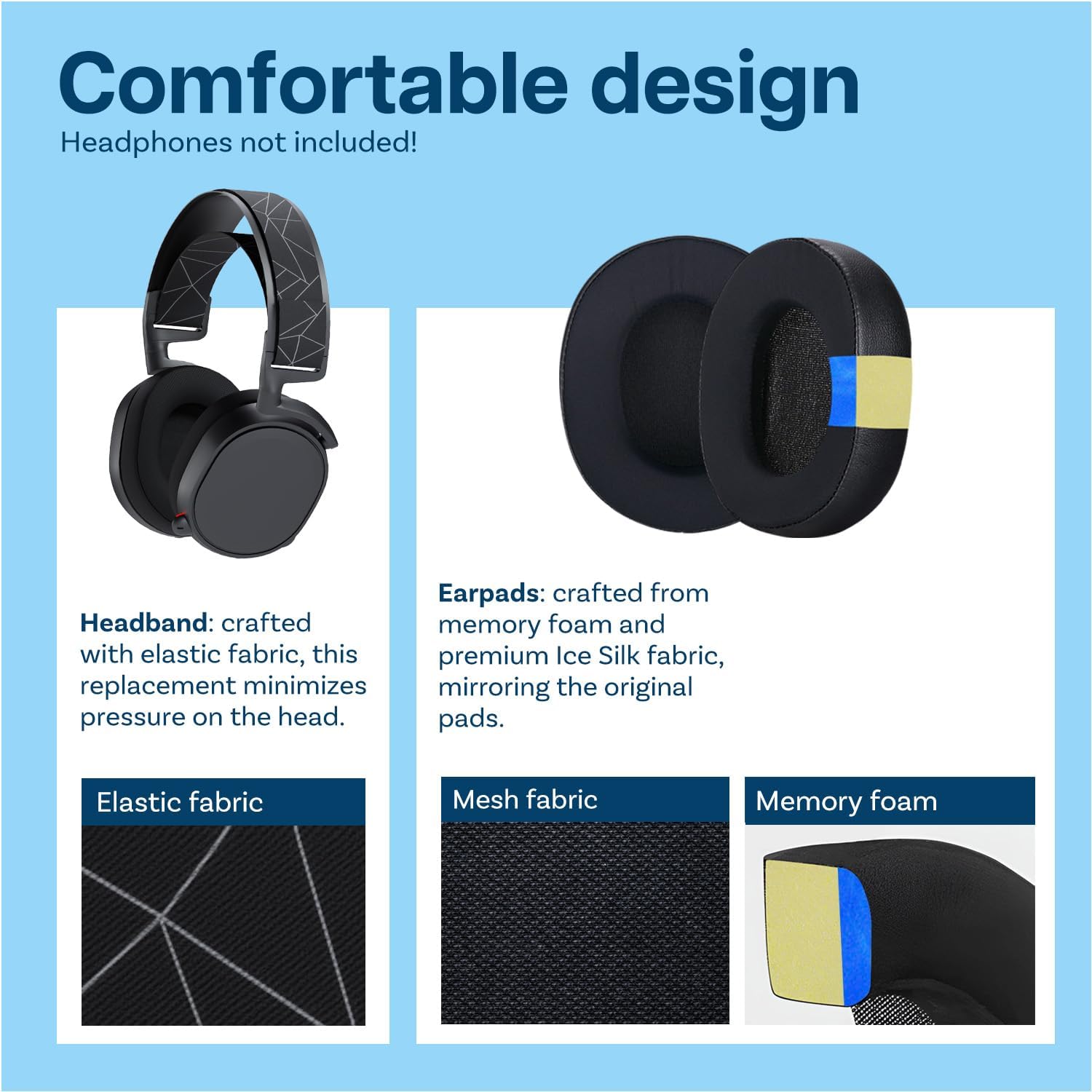Ear Pads & Headband Replacement for SteelSeries Arctis 7/9 / Pro & Prime Wireless Gaming Headset etc. by MMOBIEL - Cooling Gel Ear Pad Cushions & Elastic Fabric Headband Top Pad Cushion - PuriLite