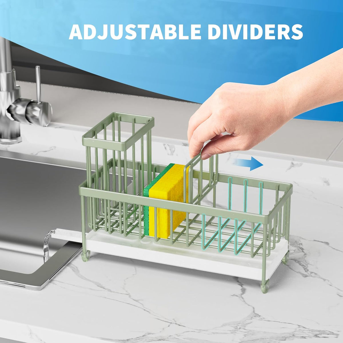 Cisily Sponge Holder for Kitchen Sink, Sink Caddy with High Brush Holder, Organzier Rustproof 304 Stainless Steel Dish Organizer Divider, Soap Dispenser Storage (Black) - PuriLite