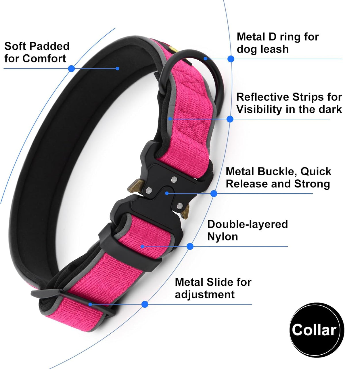 Plutus Pet Tactical Dog Collar, Reflective, Adjustable Heavy Duty Dog Collar, Soft Padded and Comfortable, for Small Medium and Large Dogs (Red, L) - PuriLite