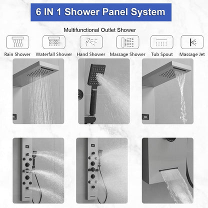 Bathfinesse Shower Tower Bathroom Shower Panel System Rain Massage System 6 in 1 Body Spray Jets Shower Wall Panels Rainfall Waterfall Shower Head Tub Spout with Temperature Display,Matte Black - PuriLite