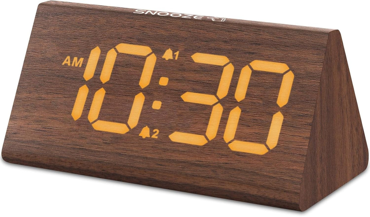 Odokee Wooden Digital Alarm Clock for Bedroom: Electric Desk Clock with Large LED Display - Brown - PuriLite