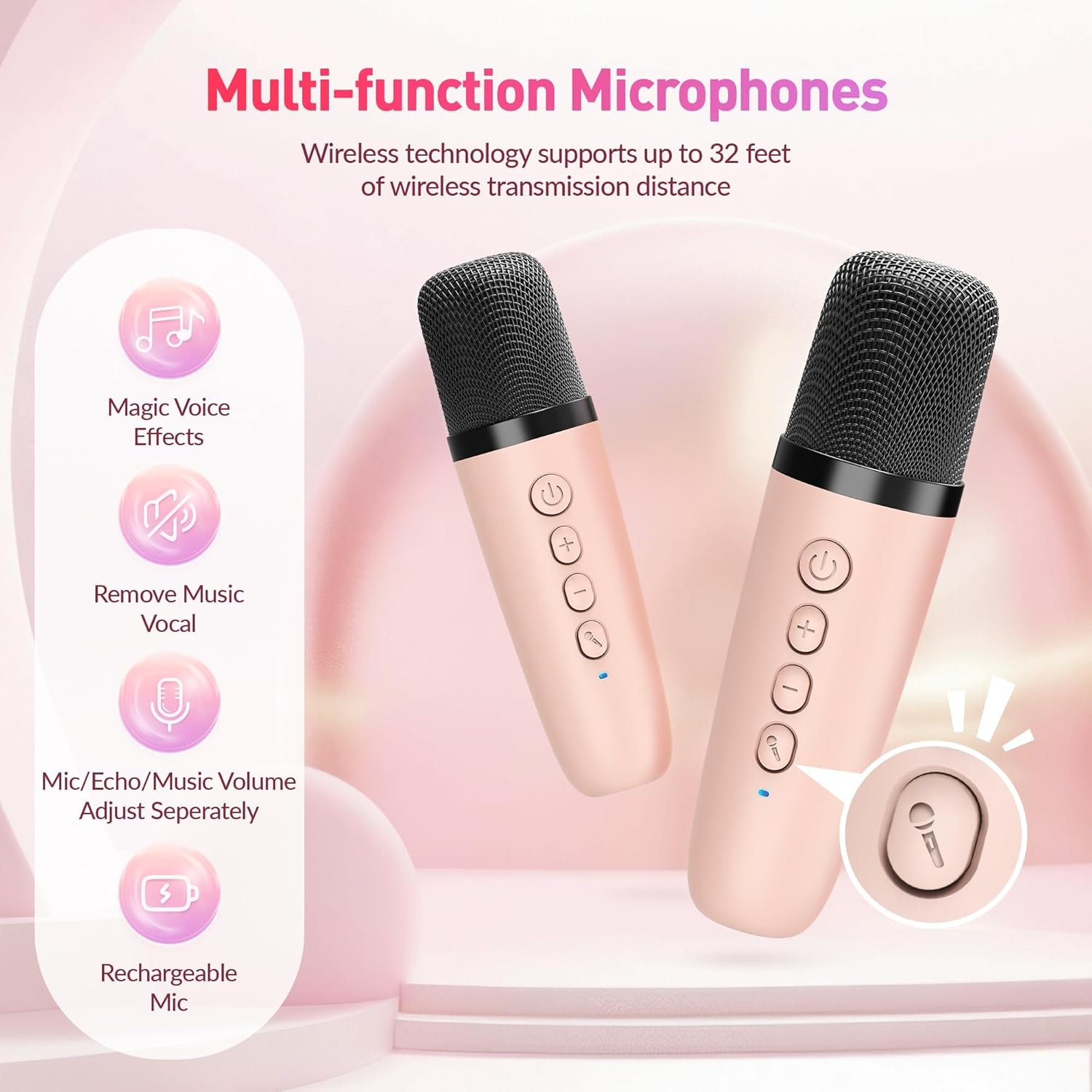 Karaoke Machine, Portable Bluetooth Karaoke Speaker with 2 Wireless Microphones and Party Lights for Kids and Adults, Birthday Gifts for Girls Boys Family Home Party (Beige2) - PuriLite