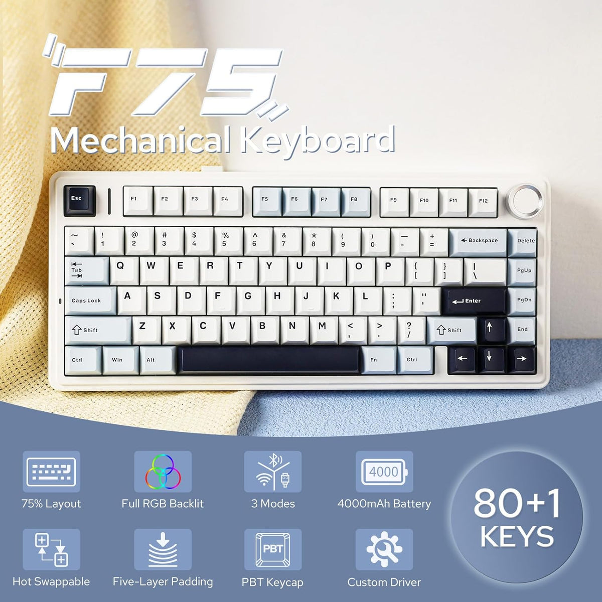 EPOMAKER x Aula F75 Gasket Mechanical Keyboard, 75% Wireless Hot Swappable Gaming Keyboard with Five-Layer Padding&Knob, Bluetooth/2.4GHz/USB-C, RGB (Black Gradient, LEOBOG Reaper Switch) - PuriLite