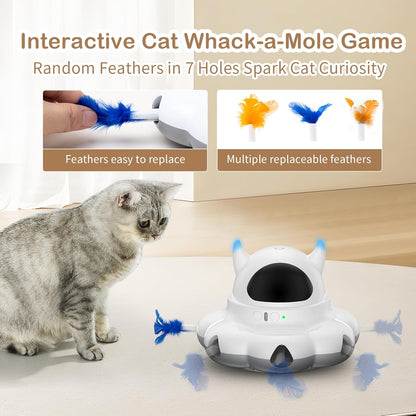 Cosicosy 2-in-1 Interactive Cat Toys for Indoor Cats, Automatic Cat Toy with 8 Holes Mice Whack A Mole Moving Feather, Smart Cat Toy (White) - PuriLite