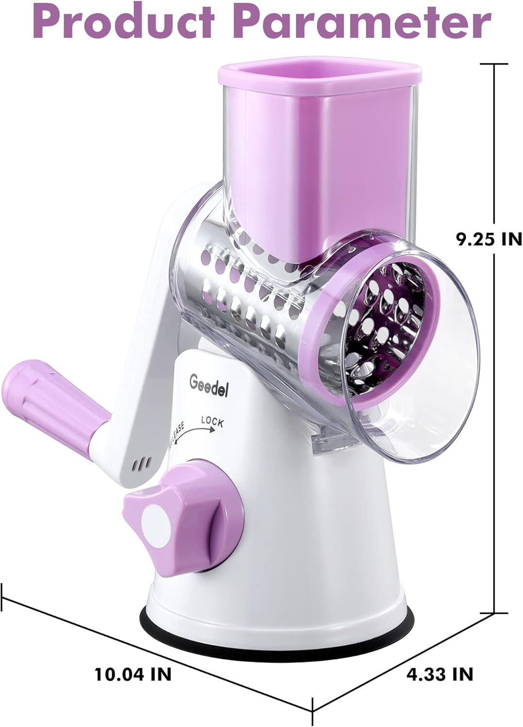 Geedel Kitchen Cheese Grater, Rotary Mandoline Vegetable Slicer with Interchangeable Blades, Easy to Use Rotary Grater Slicer for Fruit, Vegetables, Nuts - PuriLite