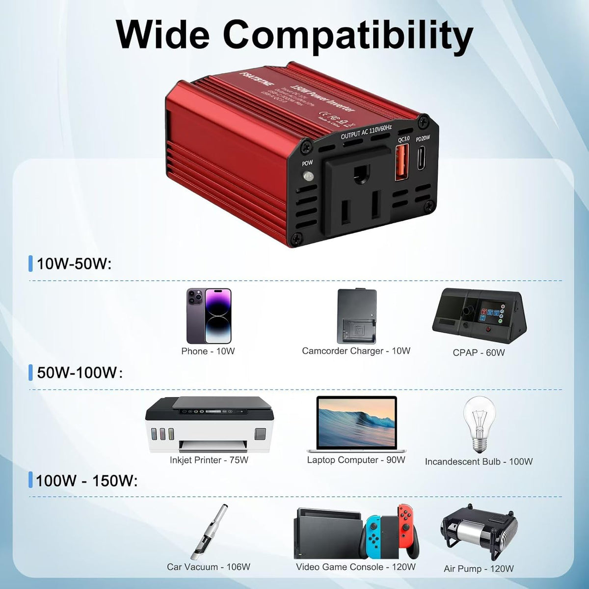 FSATBTNE 400W Power Inverter 12V DC to 110V AC Car Plug Adapter Outlet Converter with [65W PD USB-C] & [18W QC USB-A] Fast Charging Ports and 2 AC Outlets Car Power Inverters for Vehicles - PuriLite