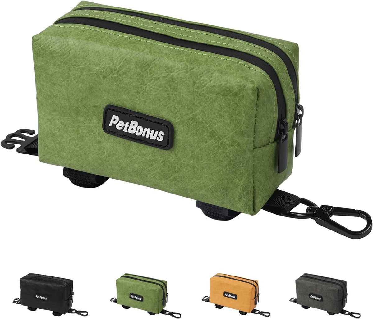 PetBonus Waterproof Dog Poop Bag Holder for leashes, Portable Pet Waste Bag Dispenser, 2 Pouches for Treat Holder and Walking Accessories, Fit All Leashes, Includes 1 Roll of Dog Poop Bags (Green) - PuriLite