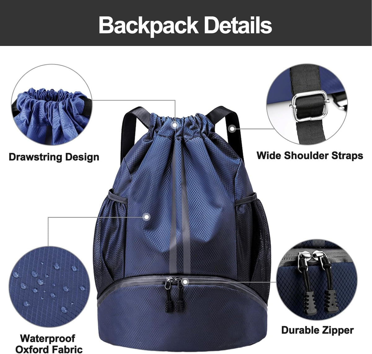 Hoedia Sports Drawstring Backpack - String Swim Gym Bag with Shoes Compartment and Wet Proof Pocket for Women/Men - PuriLite