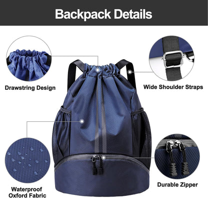 Hoedia Sports Drawstring Backpack - String Swim Gym Bag with Shoes Compartment and Wet Proof Pocket for Women/Men - PuriLite