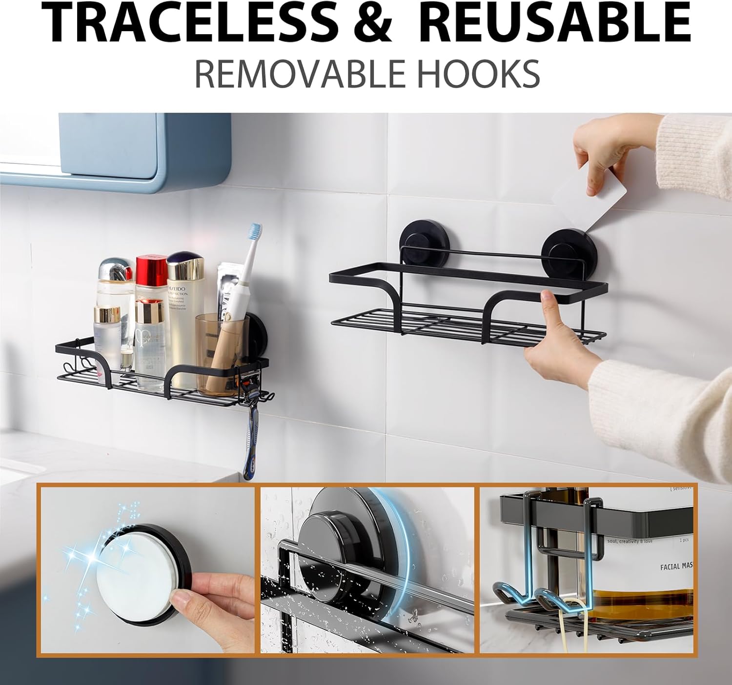 LEVERLOC Shower Caddy Suction Cup, 2 Pack Black Shower Shelf with Hooks and Soap Holder, NO-Drilling Bathroom Organizer, Rustproof Metal Bathroom Storage and Organization - PuriLite
