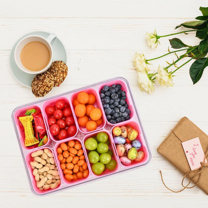 KIGITIONE Snackle Box, Pink 8 Compartments Portable Serving Tray, Divided Snackle Box Container with Lid and Handle, Snack Organizer for Fruits, Snacks, Nuts, Candy, Ideal for Party, Travel & Picnics - PuriLite