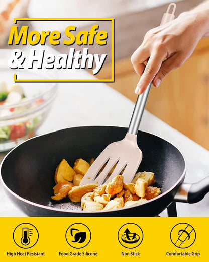 Pack of 2 Silicone Slotted Spatula,Non Stick Solid Kitchen Turner, High Heat Resistant BPA Free Cooking Utensils for Fish, Eggs, Pancakes（Black - PuriLite