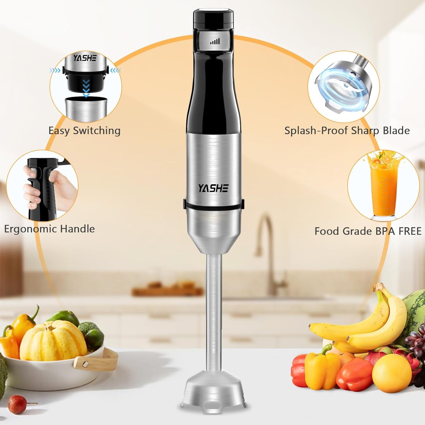 YASHE Immersion Blender, 5 in 1 Handheld Blender, Continuously Variable Speed, Stainless Steel Blender Stick, Emulsion Blender with Chopper, Whisk and Milk Frother for Meat, soups and Baby Food - PuriLite