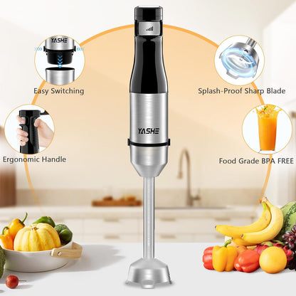 YASHE Immersion Blender, 5 in 1 Handheld Blender, Continuously Variable Speed, Stainless Steel Blender Stick, Emulsion Blender with Chopper, Whisk and Milk Frother for Meat, soups and Baby Food - PuriLite