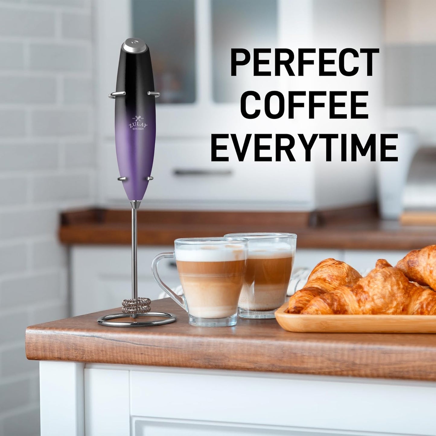 Zulay Kitchen Powerful Double Whisk Milk Frother Handheld - Foam Maker with Stand - Whisk Drink Mixer for Coffee, Mini Foamer for Latte, Matcha, Frappe, Hot Chocolate & Cappuccino (Black) - PuriLite