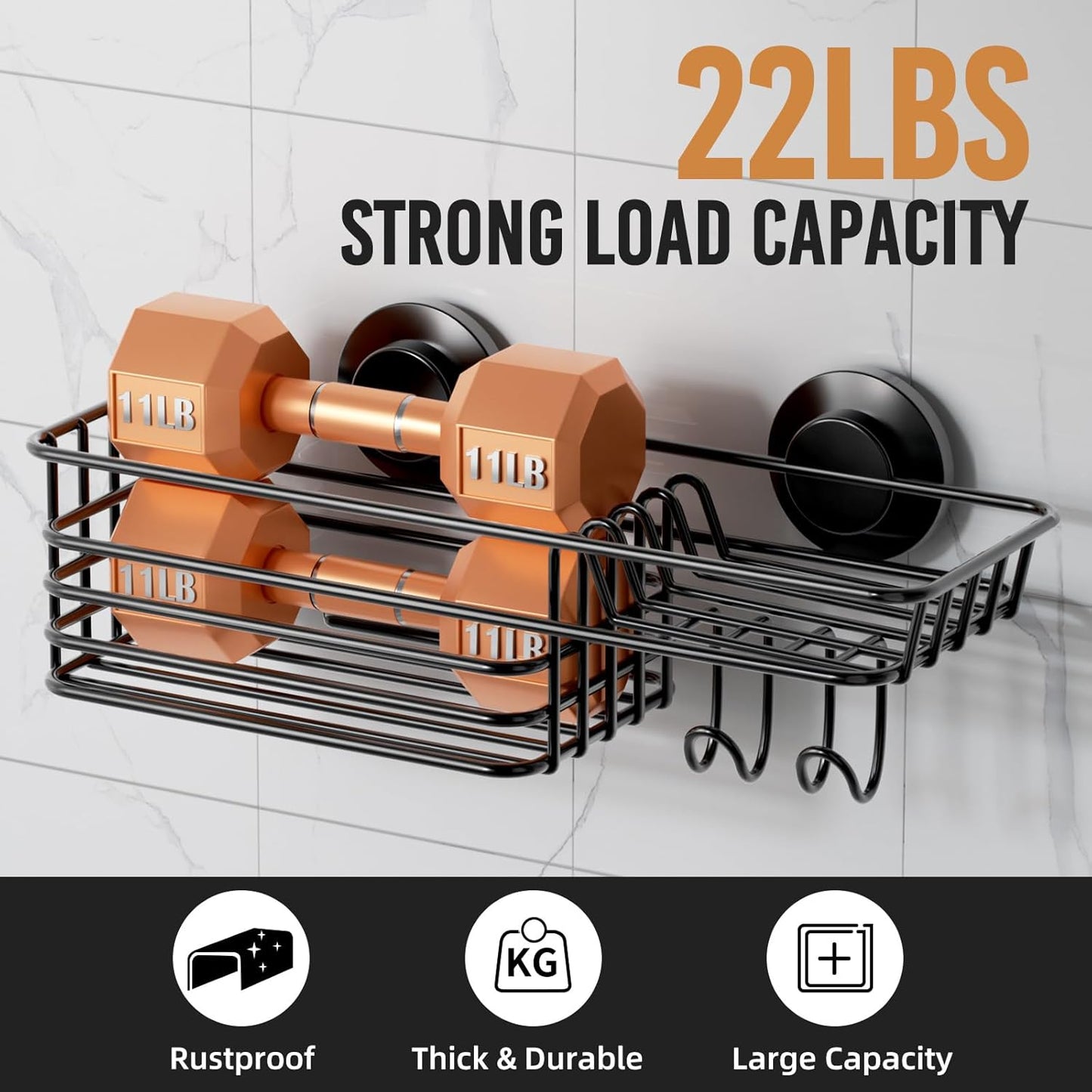LEVERLOC Shower Caddy Suction Cup, 2 Pack Black Shower Shelf with Hooks and Soap Holder, NO-Drilling Bathroom Organizer, Rustproof Metal Bathroom Storage and Organization - PuriLite
