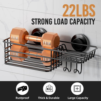LEVERLOC Shower Caddy Suction Cup, 2 Pack Black Shower Shelf with Hooks and Soap Holder, NO-Drilling Bathroom Organizer, Rustproof Metal Bathroom Storage and Organization - PuriLite