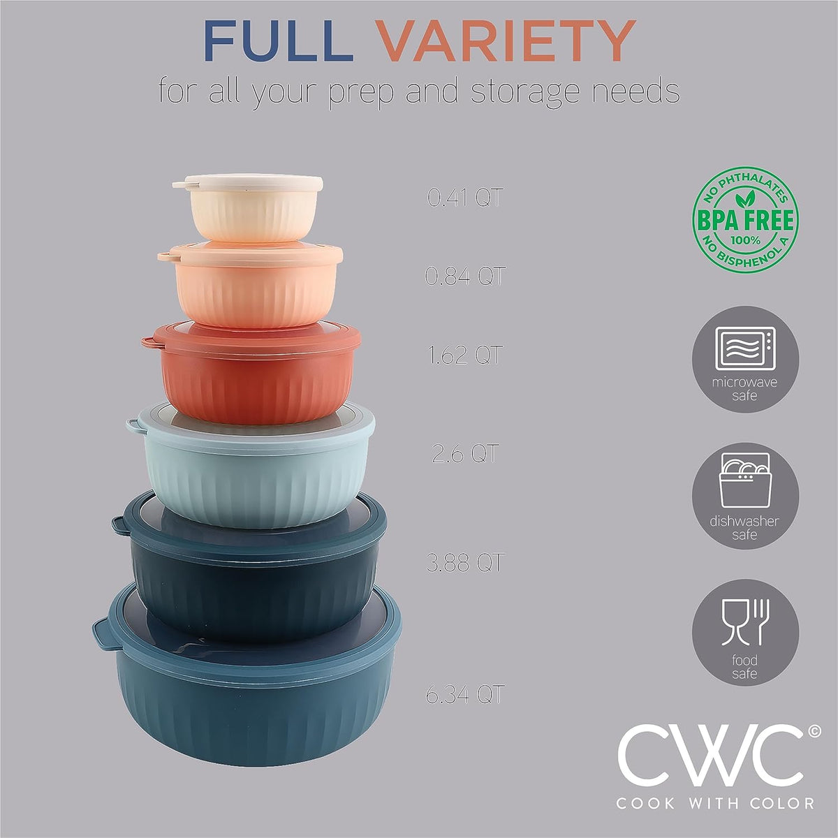 COOK WITH COLOR Prep Bowls with Lids- 8 Piece Nesting Plastic Small Mixing Bowl Set with Lids (Teal Ombre) - PuriLite