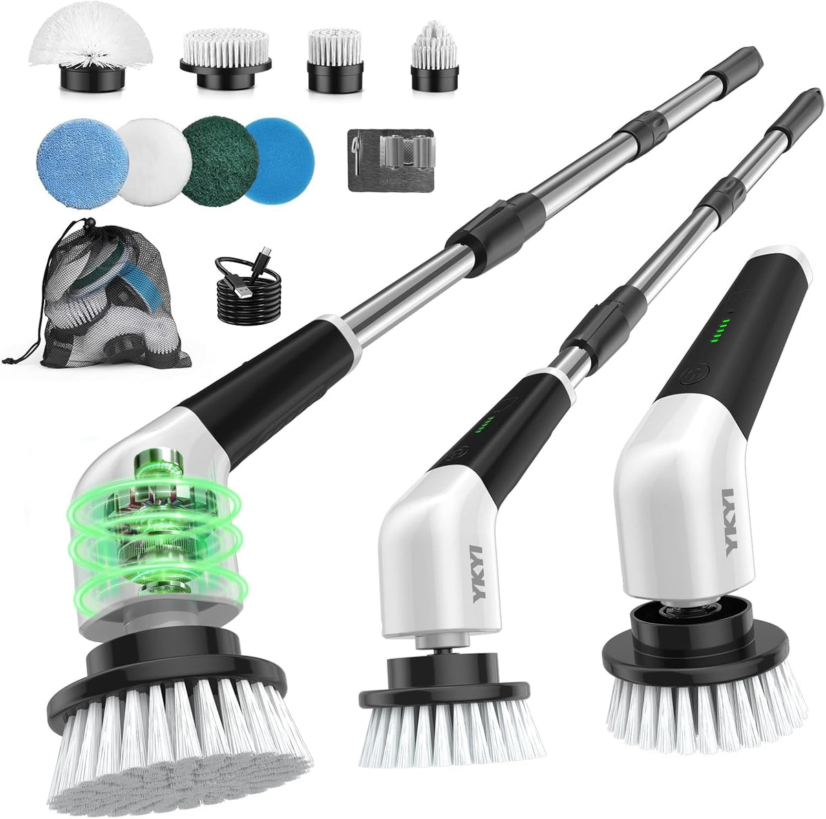 YKYI Electric Spin Scrubber,Cordless Electric Cleaning Brush,Shower Scrubber with 8 Replaceable Brush Heads,Power Scrubber 2 Adjustable Speeds,Bathroom Brush with Long Handle for Bathtub,Tile,Floor - PuriLite