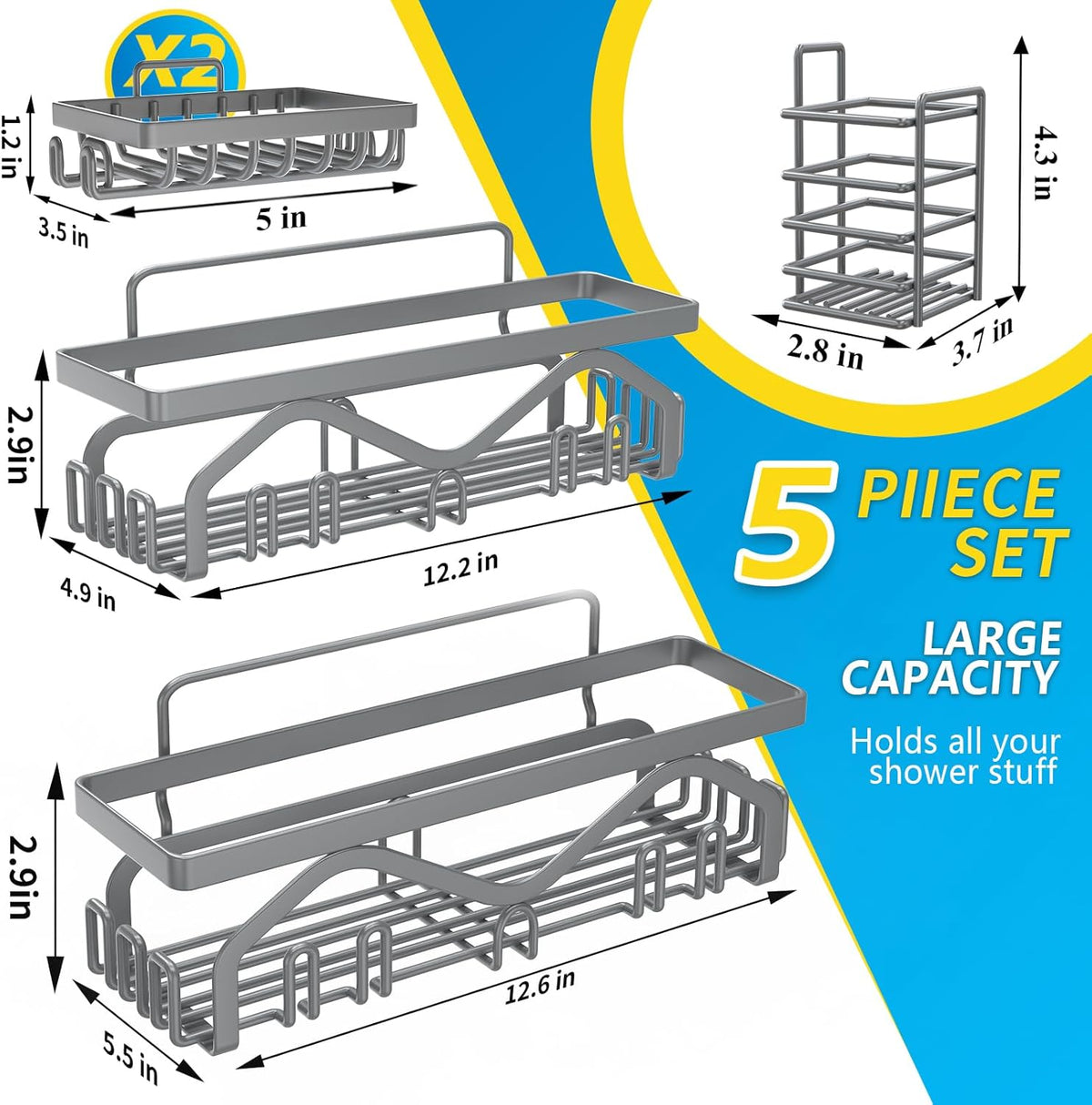 Coraje Adhesive Shower Caddy, 5-Pack Shower Shelves, Large Capacity Load Bearing 40 LBS Shower Organizer, No Drilling Shower Shelf, Rustproof Stainless Steel Bathroom Shower Storage, Black - PuriLite