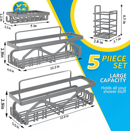 Coraje Adhesive Shower Caddy, 5-Pack Shower Shelves, Large Capacity Load Bearing 40 LBS Shower Organizer, No Drilling Shower Shelf, Rustproof Stainless Steel Bathroom Shower Storage, Black - PuriLite