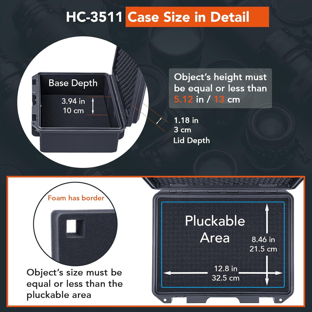 Lykus HC-3810 Waterproof Hard Case with Customizable Foam Insert, Interior Size 38x28x13.5cm, Suitable for Camera, Lens, Drone, mic, Flashlight, Telescope, Action cam, Electronics, Tools, and More - PuriLite