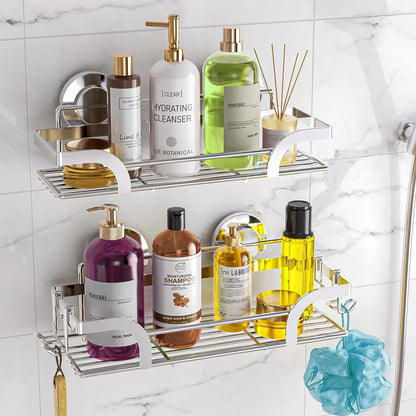 LEVERLOC Shower Caddy Suction Cup, 2 Pack Black Shower Shelf with Hooks and Soap Holder, NO-Drilling Bathroom Organizer, Rustproof Metal Bathroom Storage and Organization - PuriLite