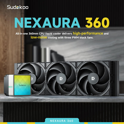 Sudokoo NEXAURA 240 Liquid CPU Cooler: 240mm AIO CPU Cooler with PWM Pump & ARGB Pump Head - Water Cooling with FDB Fans for Intel LGA 1851/1700/1200/115X AMD AM5/AM4 - Black - PuriLite