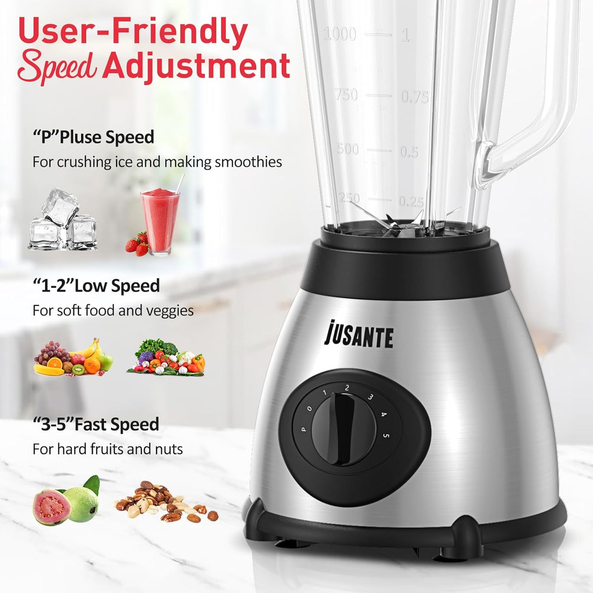 JUSANTE Smoothie Blender, 1000W Professional Kitchen Blender with Glass Jar for Shakes & Smoothies High Speed Countertop Blender for Ice Frozen Drinks - PuriLite