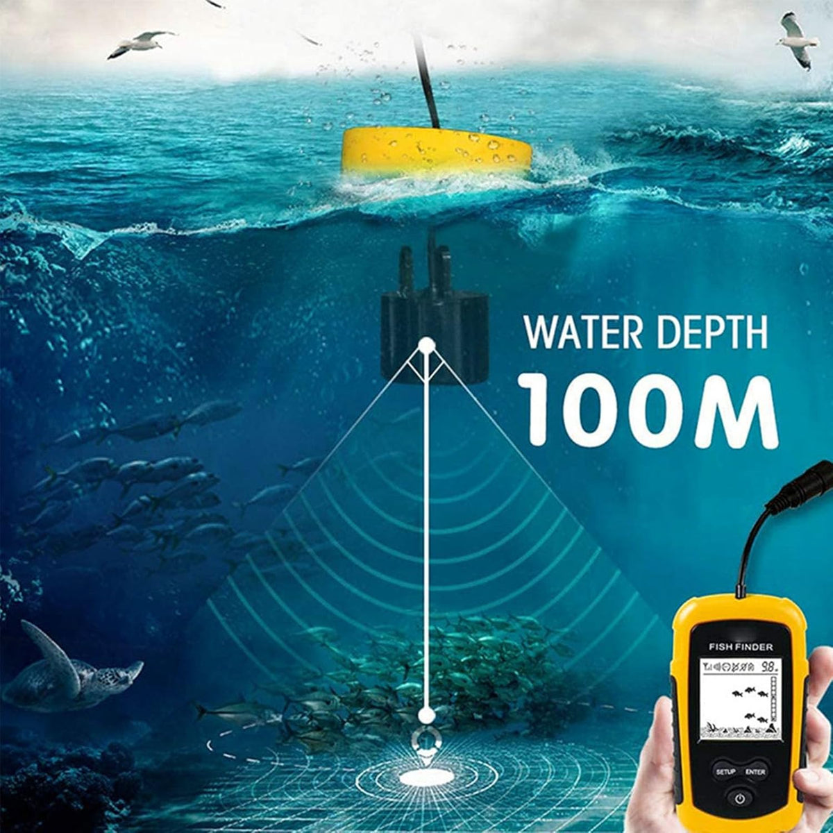 Portable LCD Display Fish Finder with 200khz Sonar Frequency, Handheld Portable Fish Depth Finder Fish Schools Alarm, Ideal for Kayak Boat Fishing - PuriLite