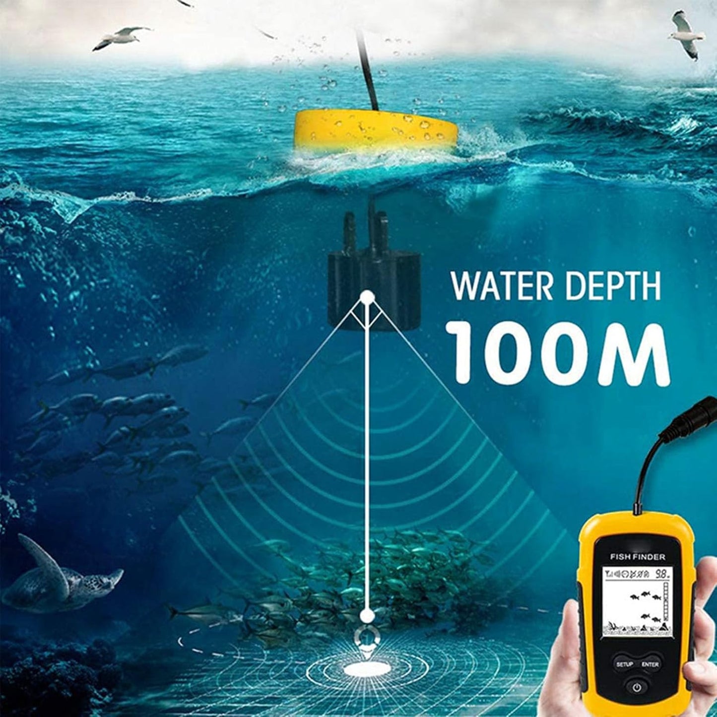 Portable Fish Depth Finder Sensitive Electronic Fishing Alarms Indicator LCD Display Handheld Fish Finder 200khz Sonar Frequency Castable Kayak Boat Fishfinder - PuriLite