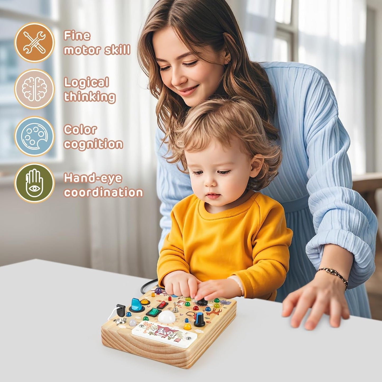 Joyreal Montessori Busy Board Wooden Sensory Toys for Toddler with LED Light Up Switch, Baby Fidget Board Travel Toys for 18+ Months, Boys Girls Birthday - PuriLite