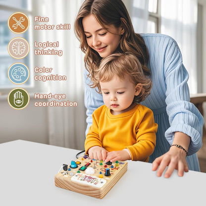 Joyreal Montessori Busy Board Wooden Sensory Toys for Toddler with LED Light Up Switch, Baby Fidget Board Travel Toys for 18+ Months, Boys Girls Birthday - PuriLite