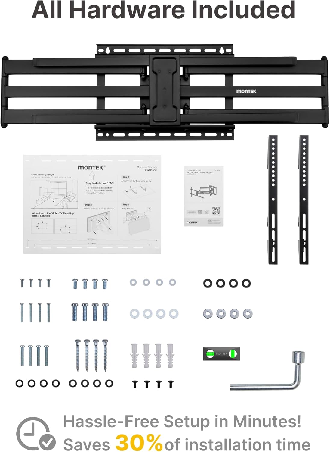 monTEK Long Arm TV Wall Mount for Most 43-90 Inch TVs, 42.5 Inch Long Extension TV Mount Swivel and Tilt, Full Motion Wall Mount TV Bracket Fit Max VESA 800 x 400mm, Up to 132 lbs, 16”,18” Studs - PuriLite