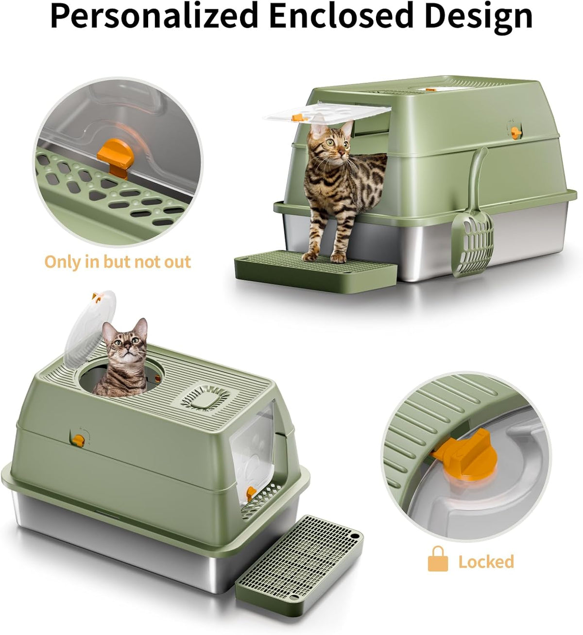 Eosarcu Stainless Steel Cat Litter Box with Lid, 180° Flip-Top XL Extra Large Enclosed Litter Box, Covered Metal High Sided Litter Pan with Steps & Scoop, Easy Cleaning, Odor Control,Non-Sticky-Black - PuriLite