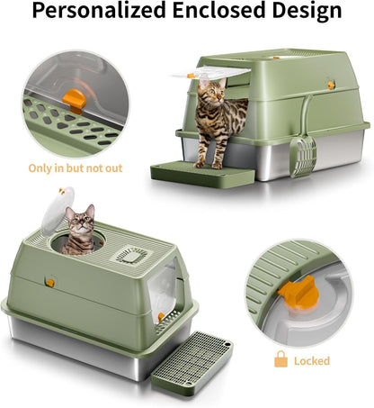 Eosarcu Stainless Steel Cat Litter Box with Lid, 180° Flip-Top XL Extra Large Enclosed Litter Box, Covered Metal High Sided Litter Pan with Steps & Scoop, Easy Cleaning, Odor Control,Non-Sticky-Black - PuriLite