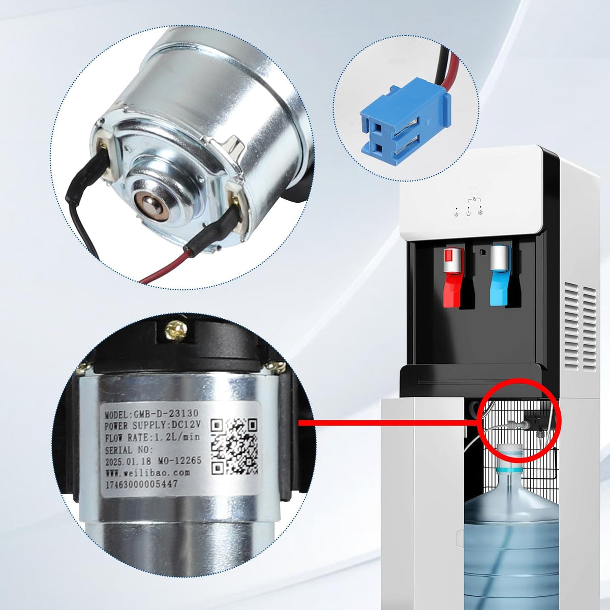 GMB-D-23130 Water Pump Compatible with Midea Avalon Primo Brio Water Dispenser 1.2L/min DC12V, Replaces DP005A2 MO-12265 Bottom Loading Bottled Water Cooler Dispenser - PuriLite