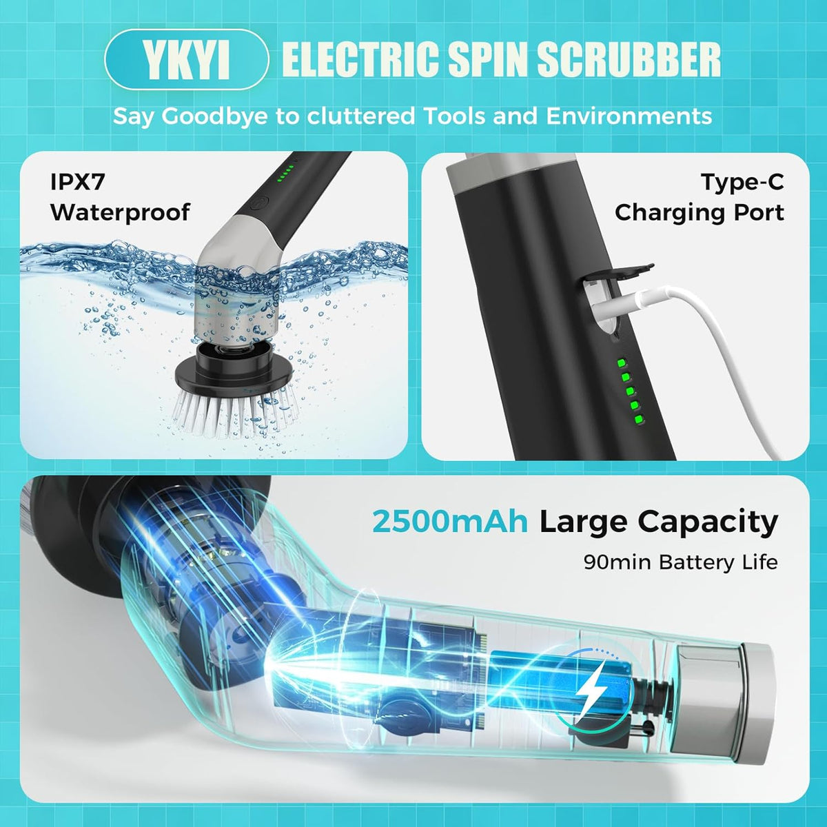 YKYI Electric Spin Scrubber,Cordless Electric Cleaning Brush,Shower Scrubber with 8 Replaceable Brush Heads,Power Scrubber 2 Adjustable Speeds,Bathroom Brush with Long Handle for Bathtub,Tile,Floor - PuriLite