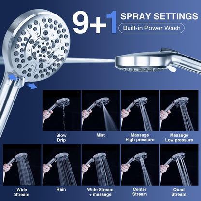 High Pressure 10-Mode Handheld Shower Head - Built in Power Wash for Clean, Replaceable Filter Soften Hard Water Remove Chlorine, 60 Inches Hose, Overhead Bracket, Anti-Clog Nozzle (Chrome) - PuriLite