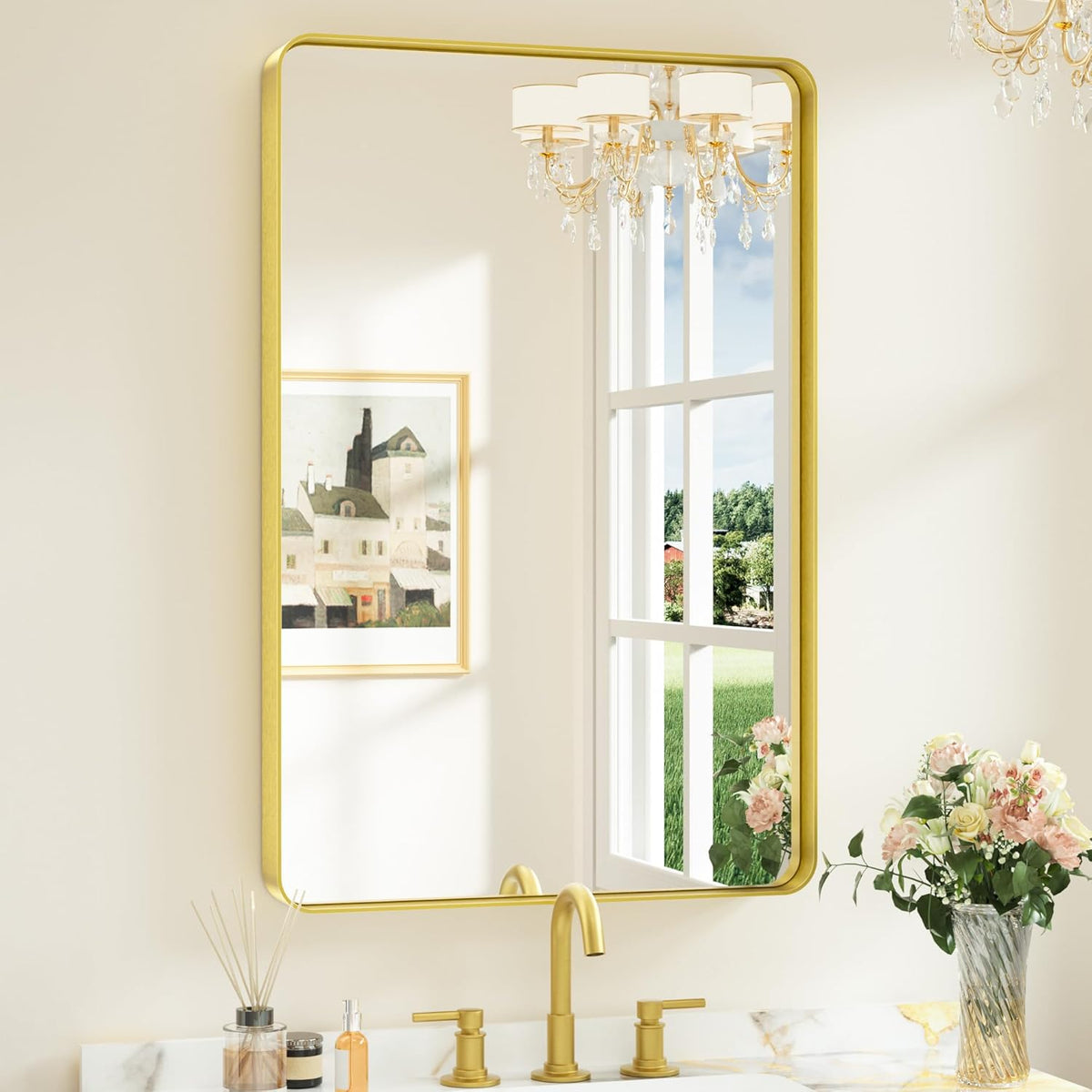 Keonjinn 42 x 36 Brushed Nickel Bathroom Vanity Mirror, Large Rounded Rectangle Bathroom Mirrors for over Sink, Metal Framed Silver Mirror for Wall, Shatterproof HD Tempered Glass(Horizontal/Vertical) - PuriLite