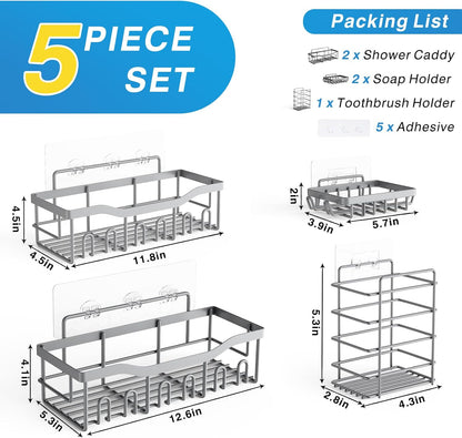 EUDELE 5-Pack Rustproof Stainless Steel Shower Caddy – No Drill Adhesive Bathroom Organizer with Large Capacity, Spacious Shower Shelves for Inside Shower, Kitchen & Home Decor Storage - PuriLite