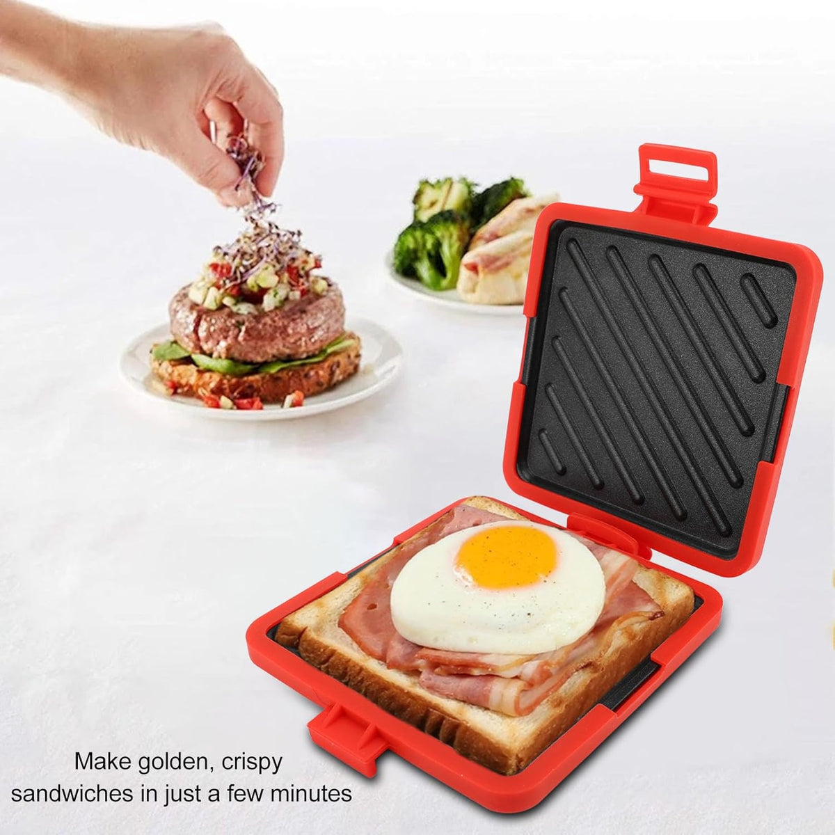 Microwave Toastie Maker, Grilled Cheese Sandwich Maker, Microwavable Toaster with Adjustable Silicone Straps No Electricity Cordless (Red) - PuriLite
