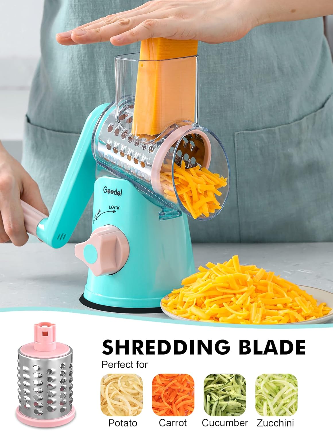 Geedel Kitchen Cheese Grater, Rotary Mandoline Vegetable Slicer with Interchangeable Blades, Easy to Use Rotary Grater Slicer for Fruit, Vegetables, Nuts - PuriLite