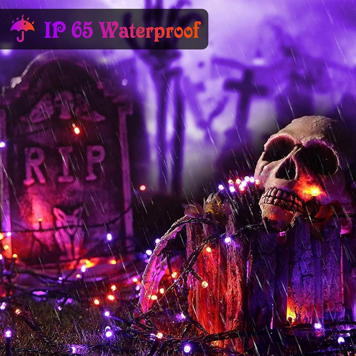 Tcamp 105FT 300 LED Purple Orange Halloween Decorations Lights Motion Activated Sync with 4 Scary Music, 6 Modes Halloween String Lights for Party Yard Outdoor Indoor Decor (3 Sets Connectable) - PuriLite