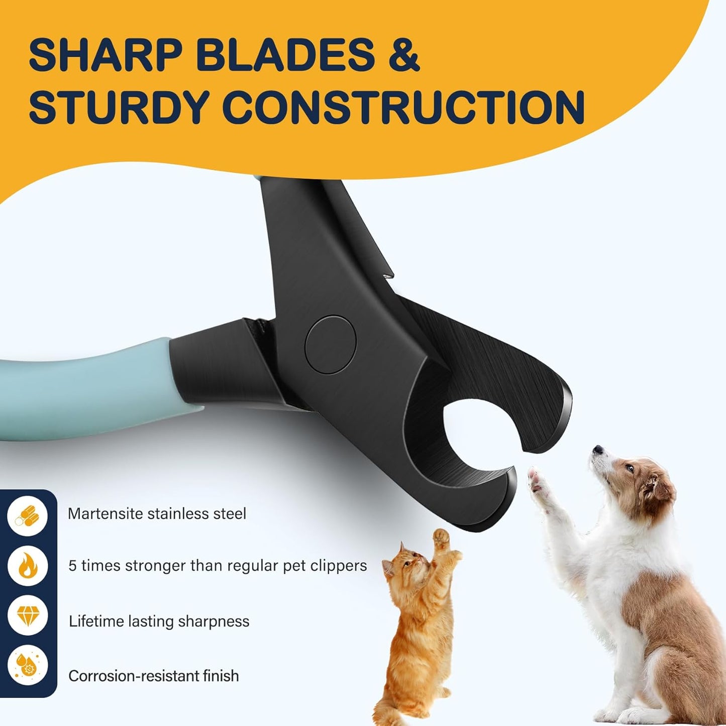 BEZOX Professional Pet Nail Clippers, Premium Sharp & Safe Pets' Paw Trimmer for Large Dogs and Small Animals, Soft Grip Cat Claw Cutter with Built-in Spring - Blue Handle - PuriLite