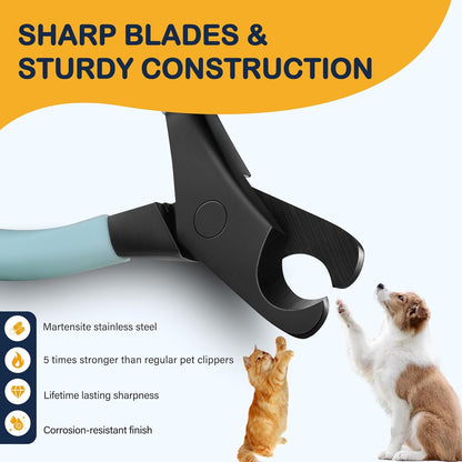 BEZOX Professional Pet Nail Clippers, Premium Sharp & Safe Pets' Paw Trimmer for Large Dogs and Small Animals, Soft Grip Cat Claw Cutter with Built-in Spring - Blue Handle - PuriLite